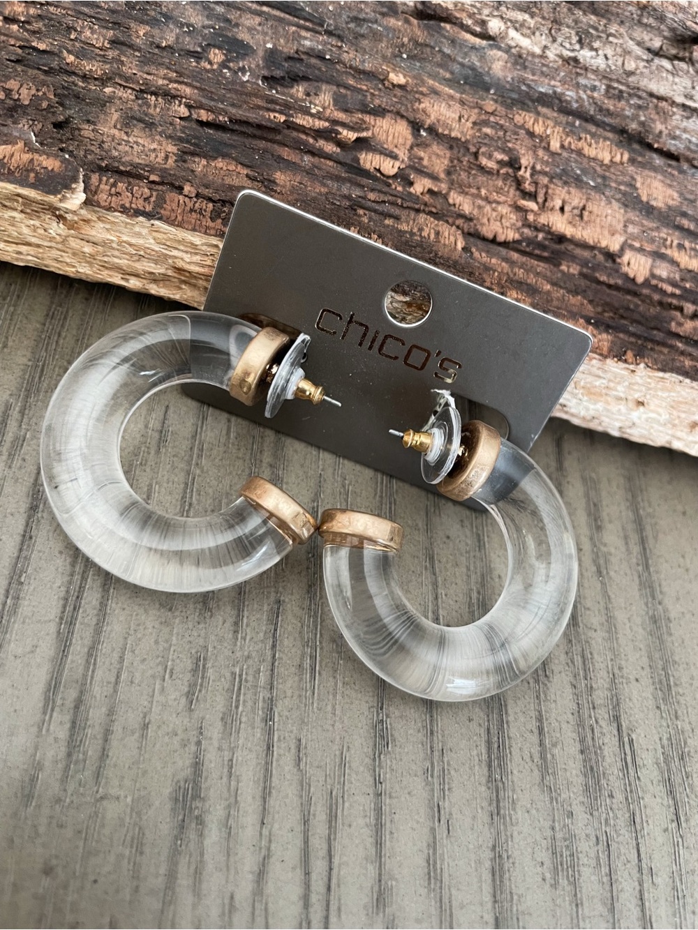 Chico's Clear Lucite Hoop Earrings with Gold Accents